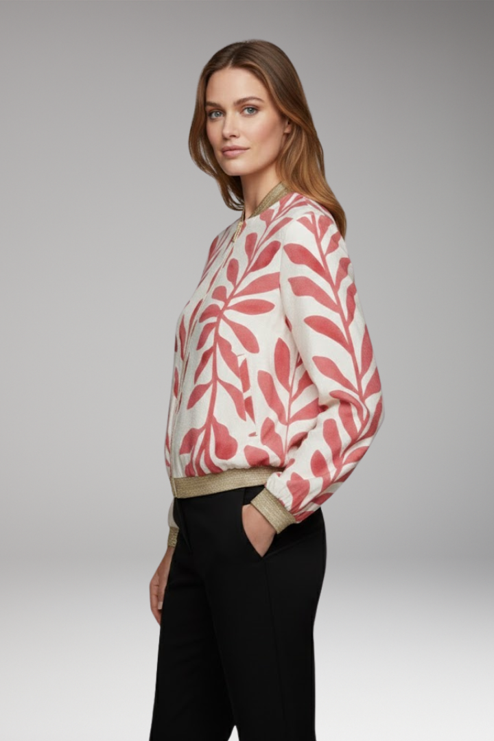 Women's Bomber Jacket with Floral Design and Seam-Stitched Pockets