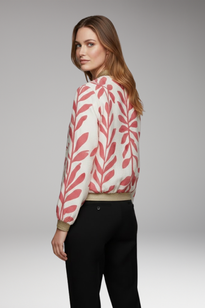 Women's Bomber Jacket with Floral Design and Seam-Stitched Pockets