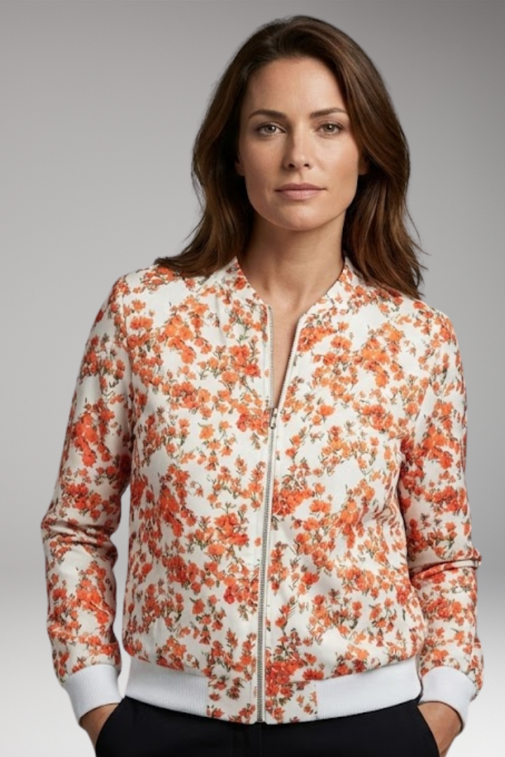 Women's Bomber Jacket with Floral Design and Zipper Closure