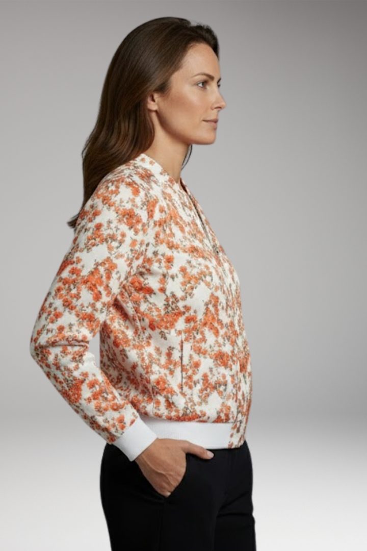 Women's Bomber Jacket with Floral Design and Zipper Closure
