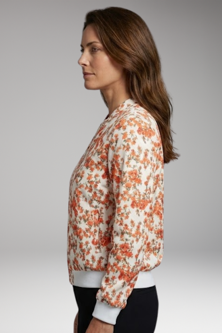 Women's Bomber Jacket with Floral Design and Zipper Closure