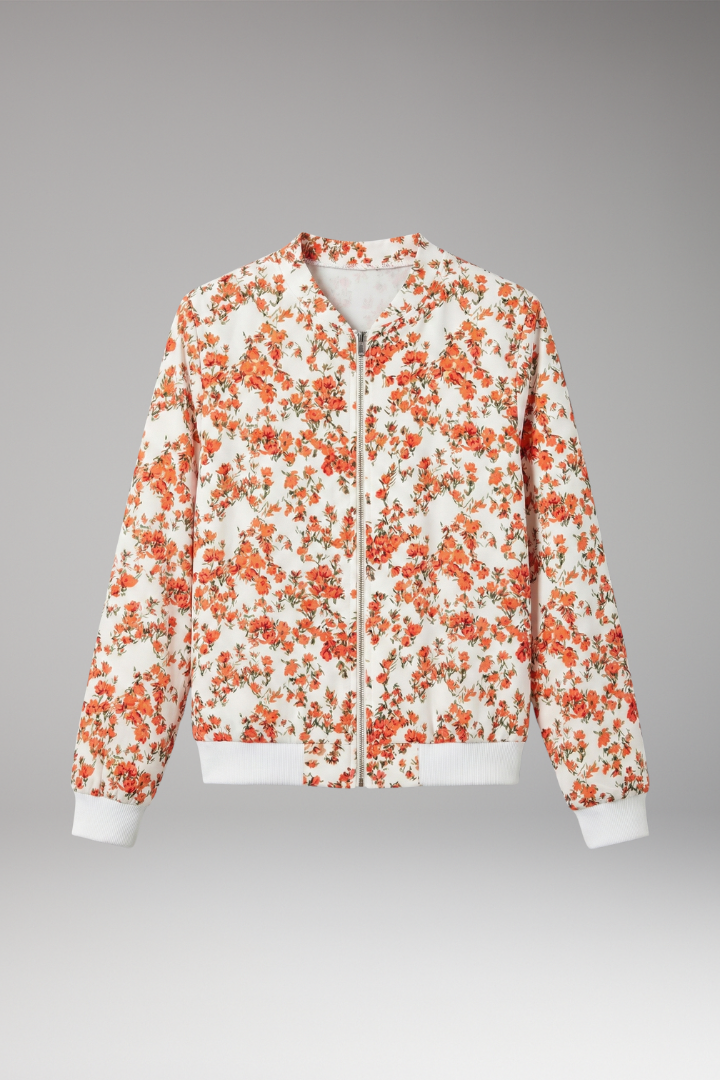 Women's Bomber Jacket with Floral Design and Zipper Closure