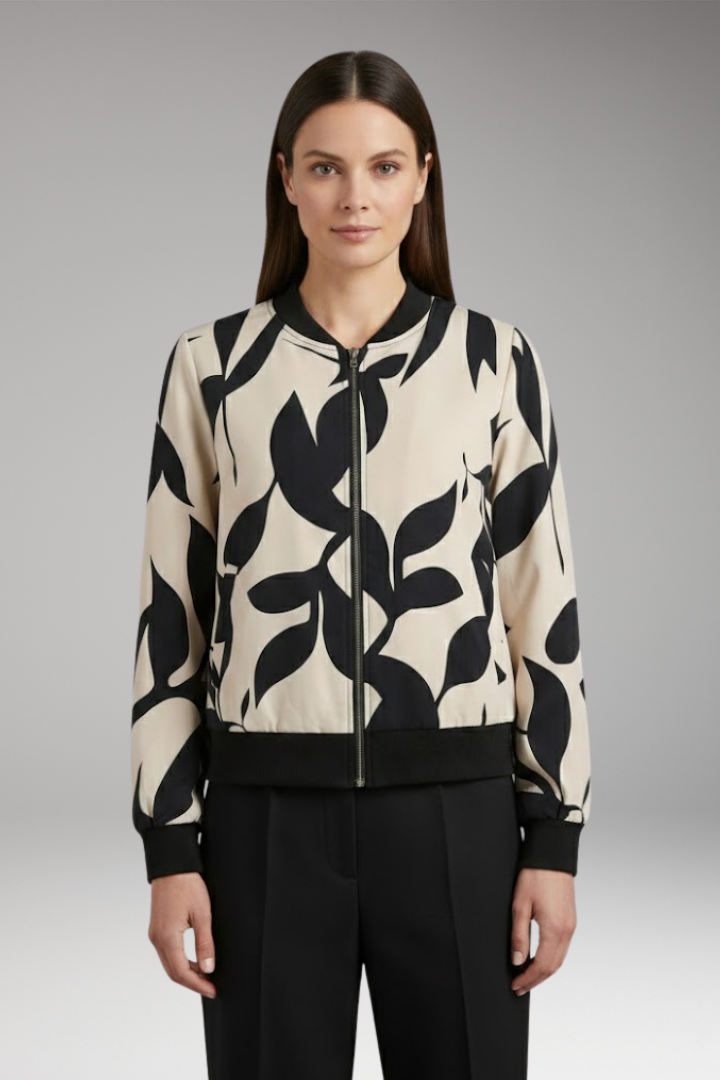 Women's Bomber Jacket with Floral Pattern and Elastic Cuffs