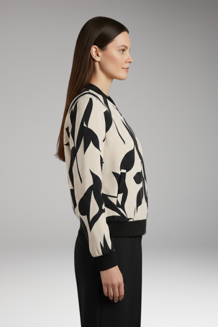 Women's Bomber Jacket with Floral Pattern and Elastic Cuffs
