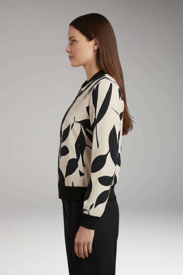 Women's Bomber Jacket with Floral Pattern and Elastic Cuffs
