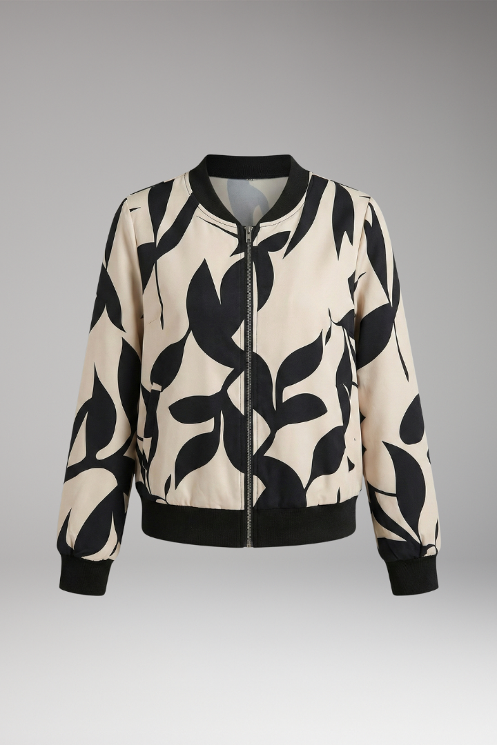 Women's Bomber Jacket with Floral Pattern and Elastic Cuffs
