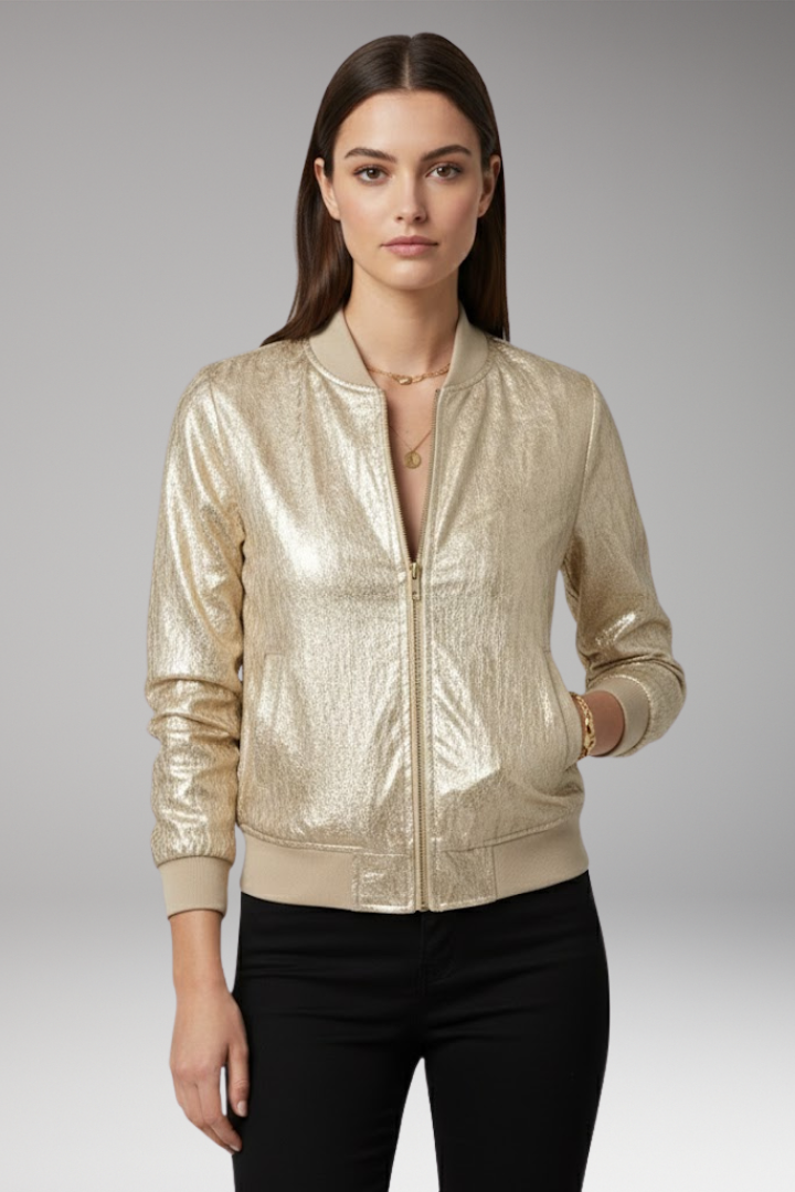 Women's Bomber Jacket with Front Closure and Pockets