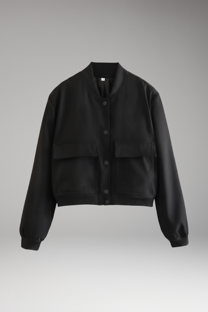 Women's Bomber Jacket with Front Closure and Ribbed Hem