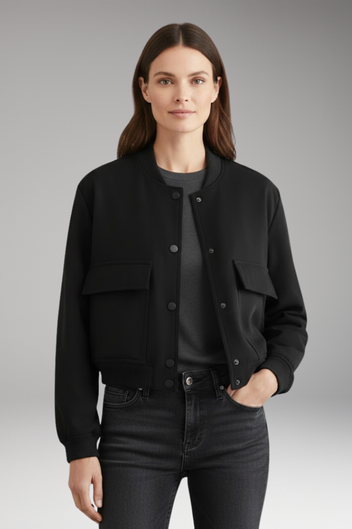 Women's Bomber Jacket with Front Closure and Ribbed Hem