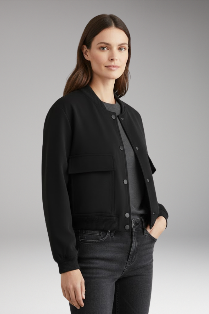 Women's Bomber Jacket with Front Closure and Ribbed Hem