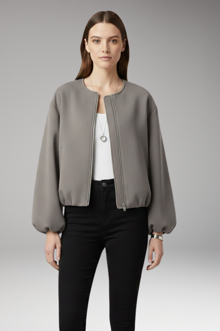 Women's Bomber Jacket with Front Zipper and Ribbed Cuffs