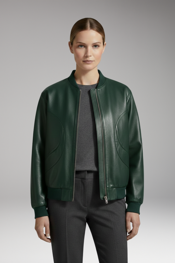 Women's Bomber Jacket with Full-Length Zipper and Elastic Cuffs