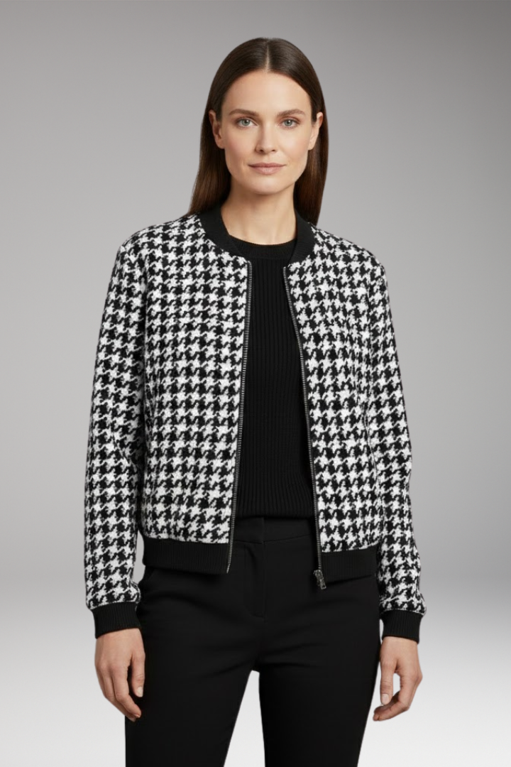 Women's Bomber Jacket with Houndstooth Pattern and Elastic Cuffs