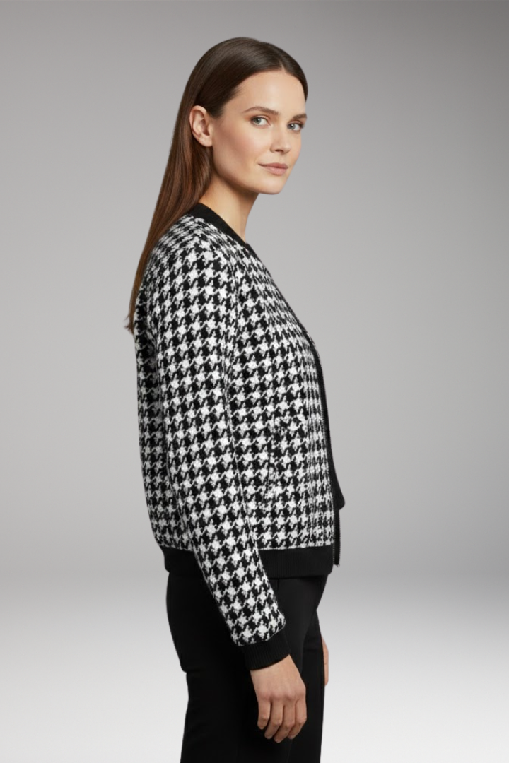 Women's Bomber Jacket with Houndstooth Pattern and Elastic Cuffs