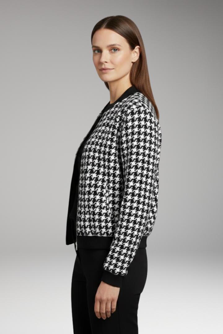 Women's Bomber Jacket with Houndstooth Pattern and Elastic Cuffs