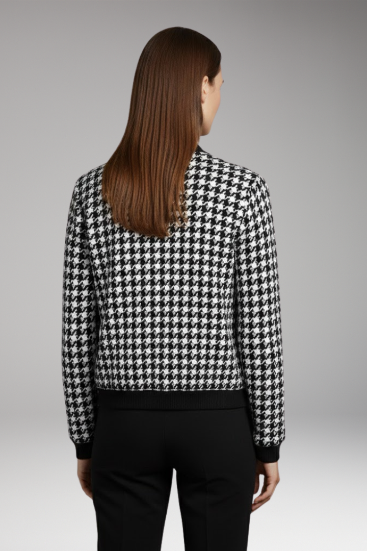 Women's Bomber Jacket with Houndstooth Pattern and Elastic Cuffs