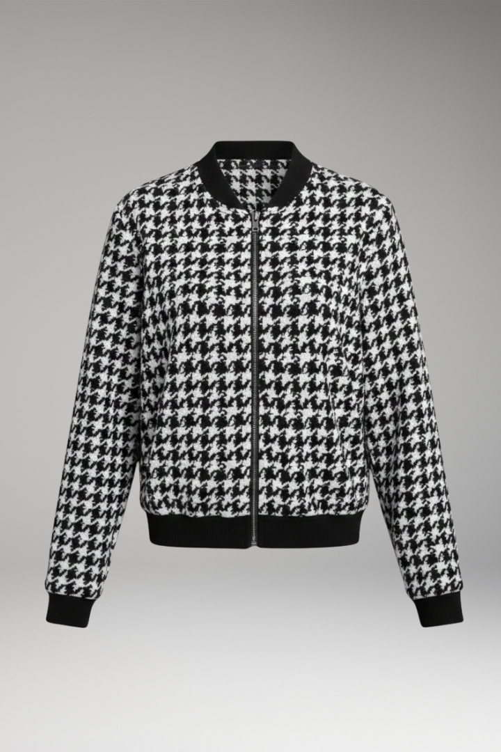 Women's Bomber Jacket with Houndstooth Pattern and Elastic Cuffs