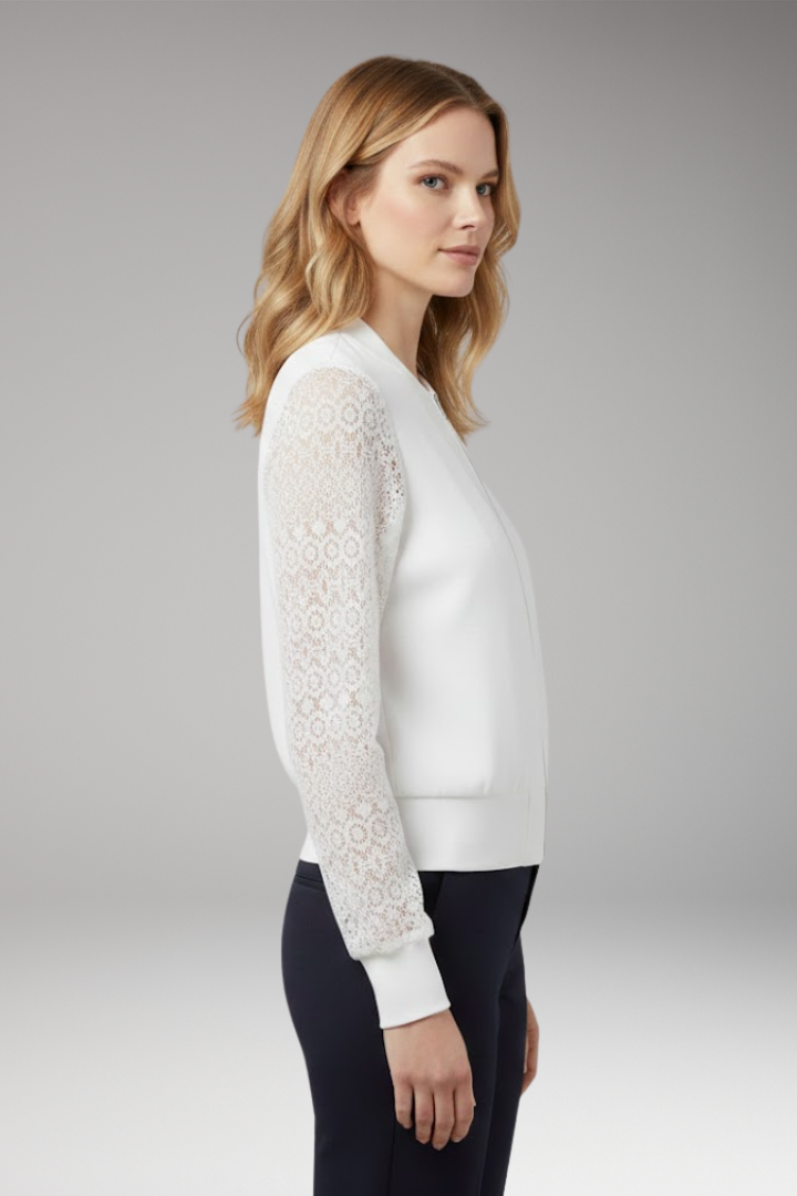 Women's Bomber Jacket with Lace Sleeves and Elastic Cuffs