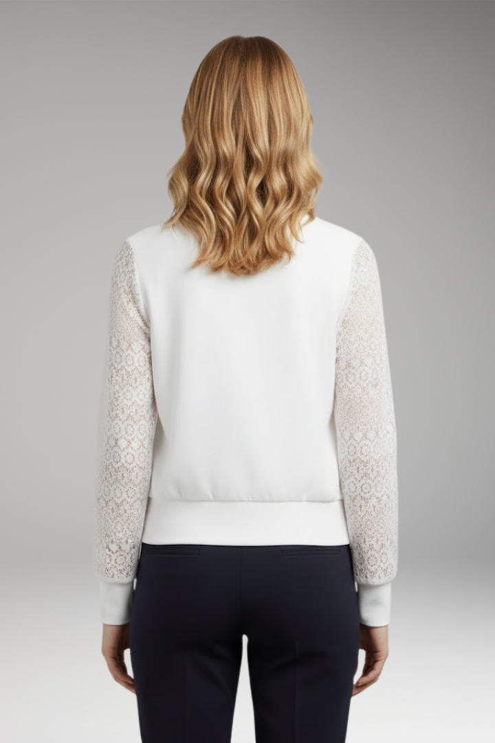 Women's Bomber Jacket with Lace Sleeves and Elastic Cuffs
