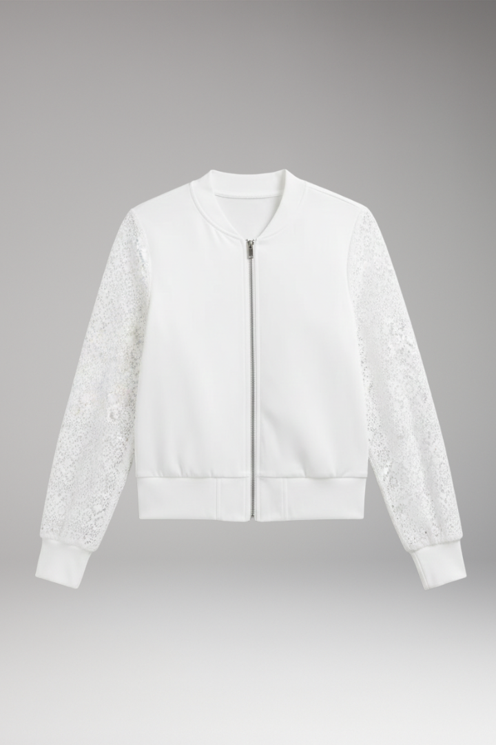 Women's Bomber Jacket with Lace Sleeves and Elastic Cuffs