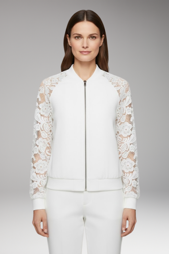 Women's Bomber Jacket with Lace Sleeves and Full-Length Zipper