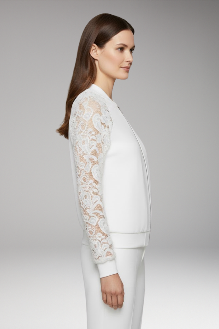 Women's Bomber Jacket with Lace Sleeves and Full-Length Zipper