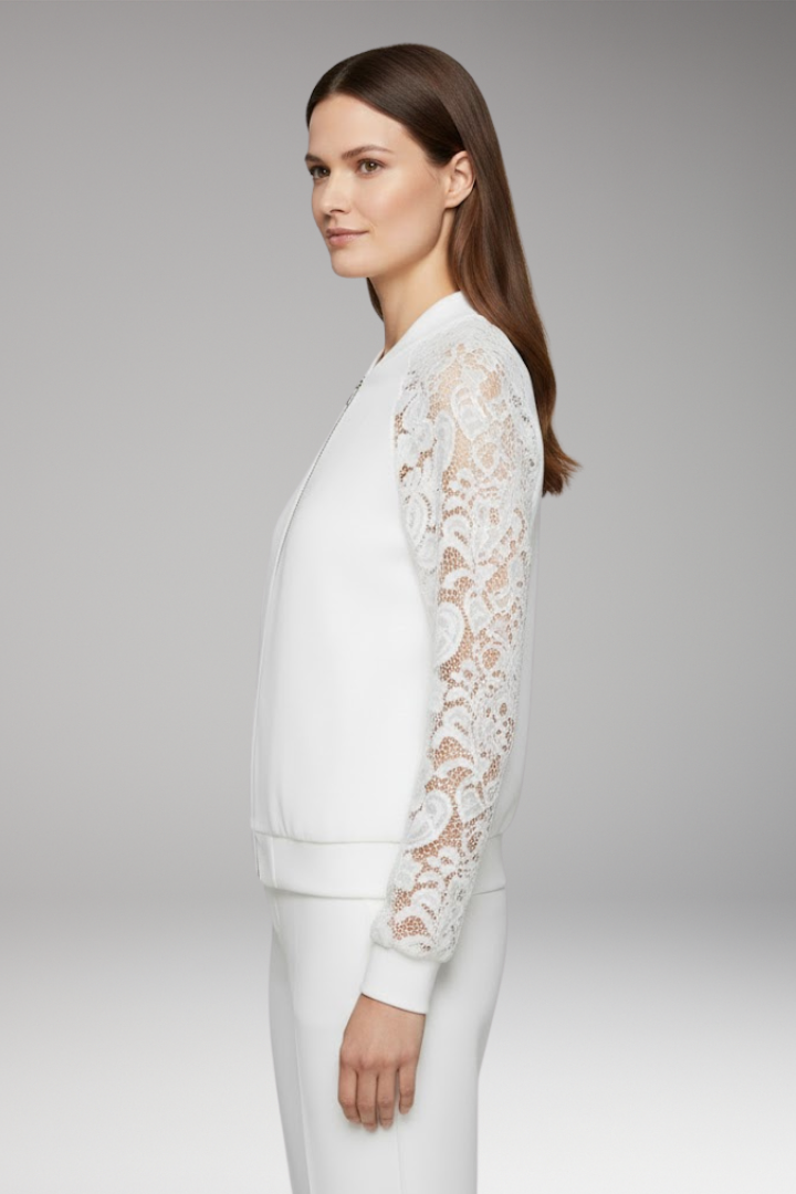 Women's Bomber Jacket with Lace Sleeves and Full-Length Zipper