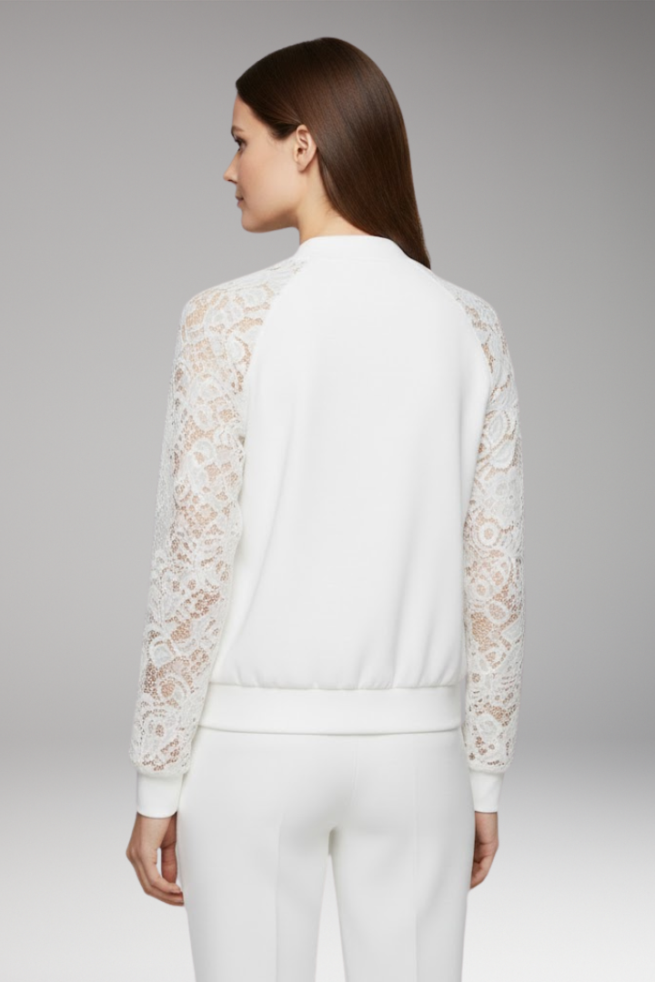 Women's Bomber Jacket with Lace Sleeves and Full-Length Zipper