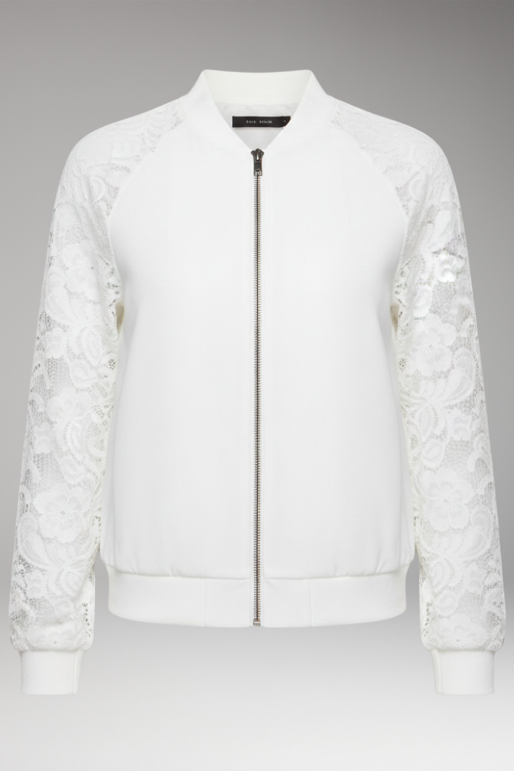 Women's Bomber Jacket with Lace Sleeves and Full-Length Zipper