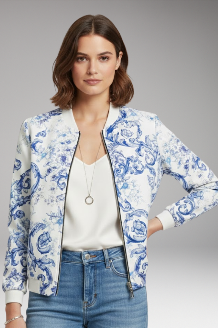 Women's Bomber Jacket with Ribbed Collar and Zipper Closure