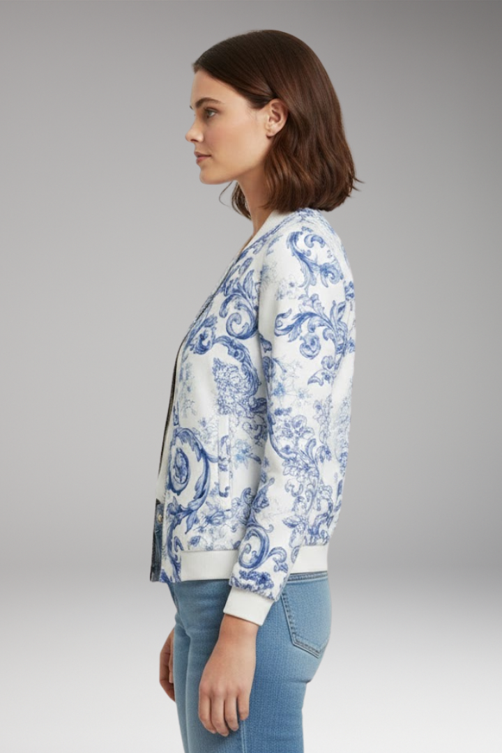 Women's Bomber Jacket with Ribbed Collar and Zipper Closure