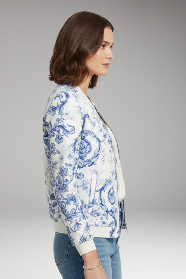 Women's Bomber Jacket with Ribbed Collar and Zipper Closure