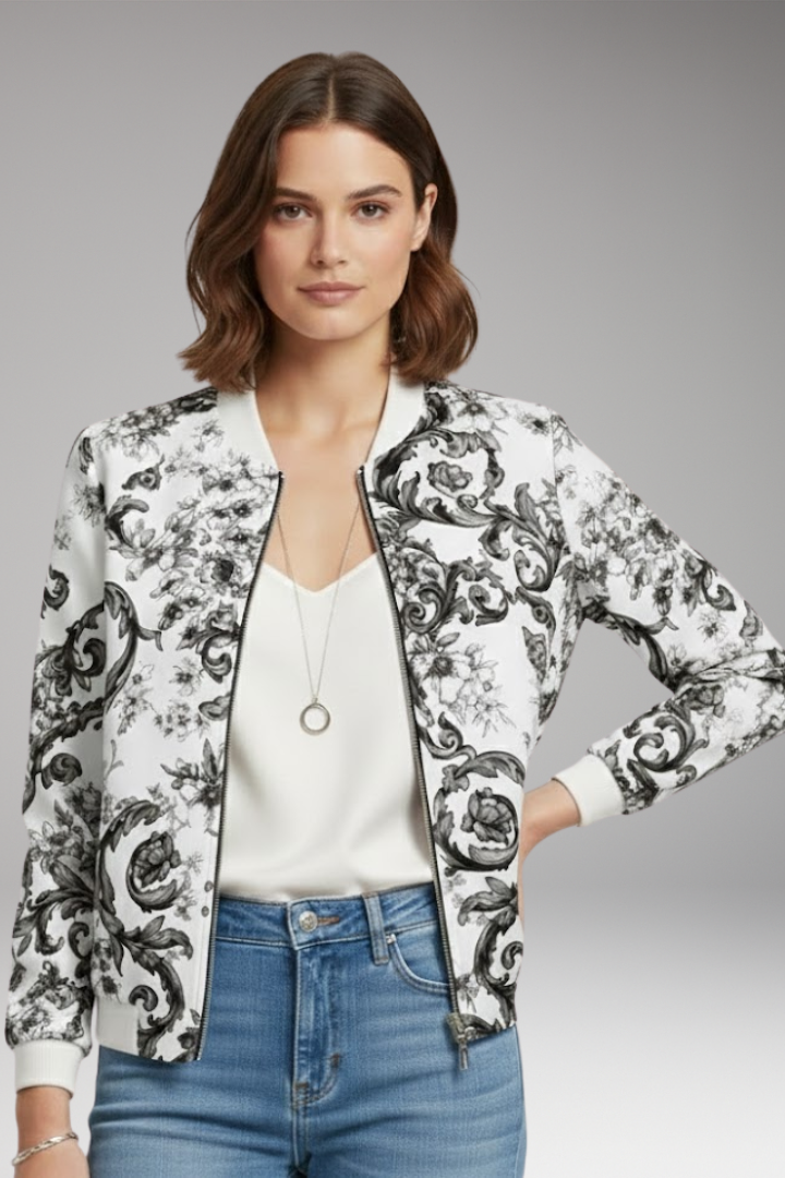 Women's Bomber Jacket with Ribbed Collar and Zipper Closure