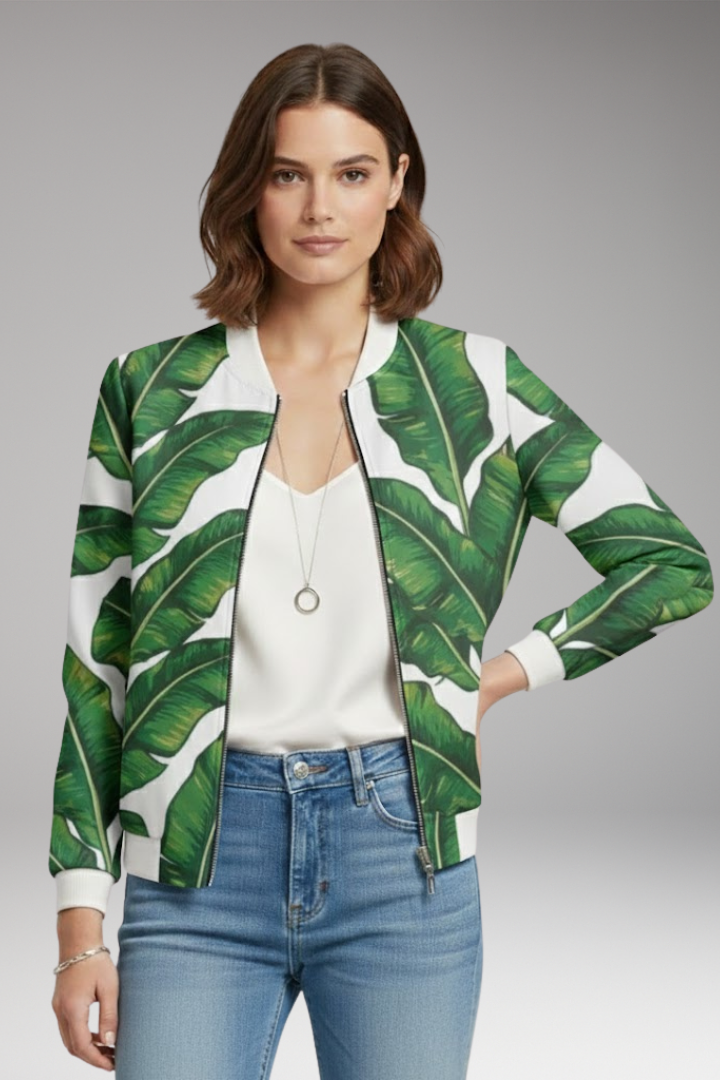 Women's Bomber Jacket with Ribbed Collar and Zipper Closure