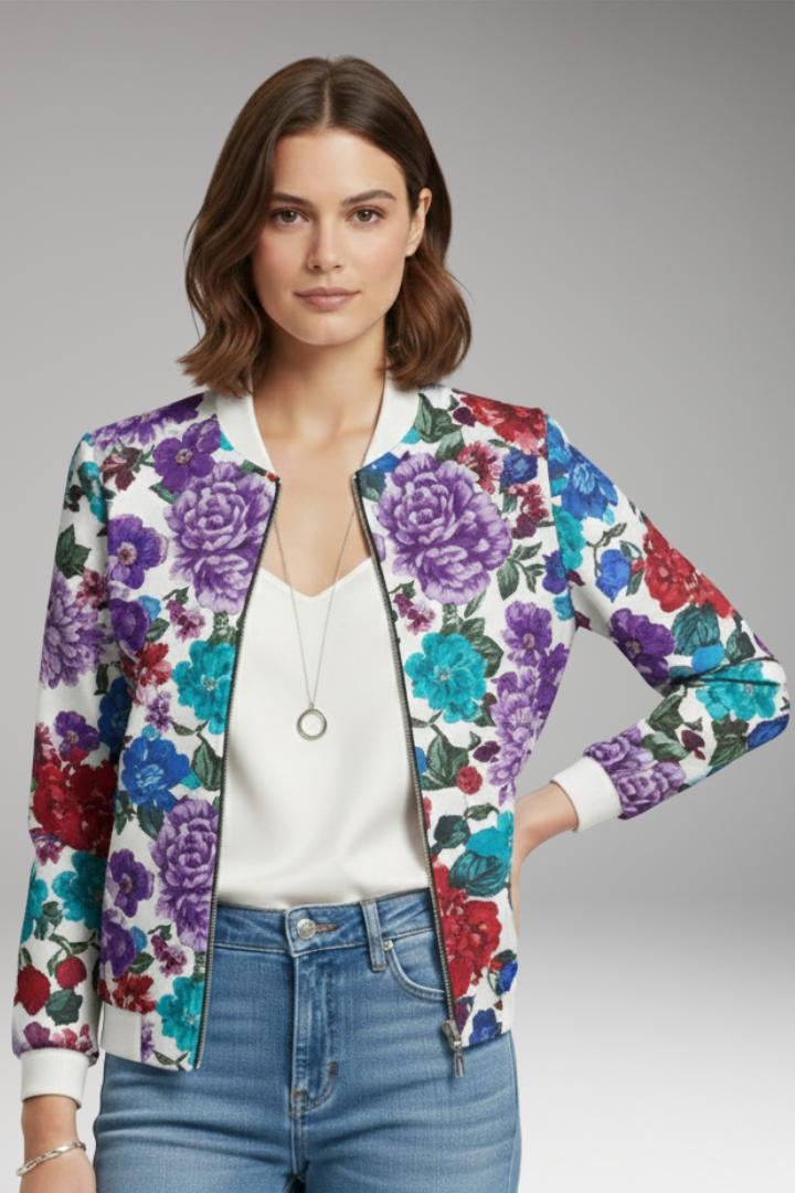 Women's Bomber Jacket with Ribbed Collar and Zipper Closure