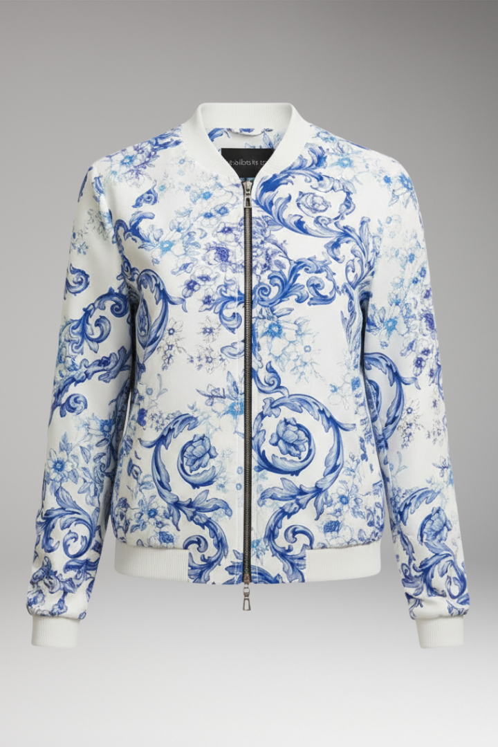 Women's Bomber Jacket with Ribbed Collar and Zipper Closure