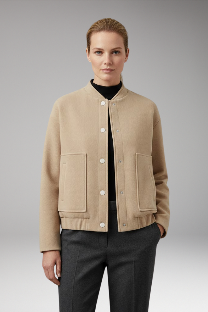 Women's Bomber Jacket with Ribbed Hem and Front Pockets