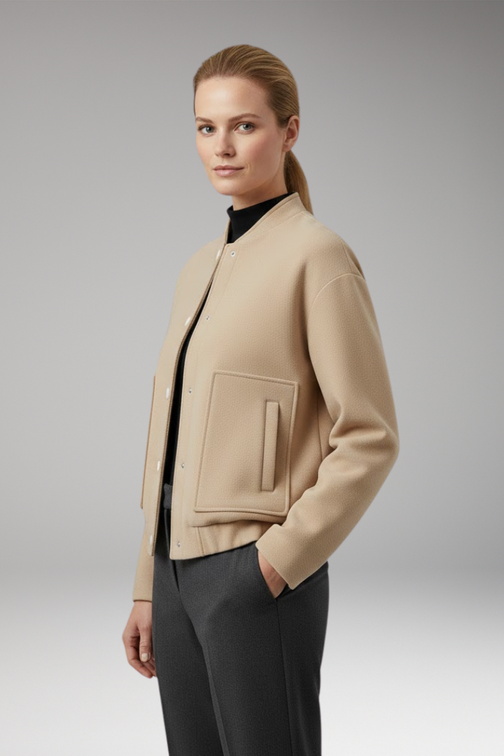 Women's Bomber Jacket with Ribbed Hem and Front Pockets