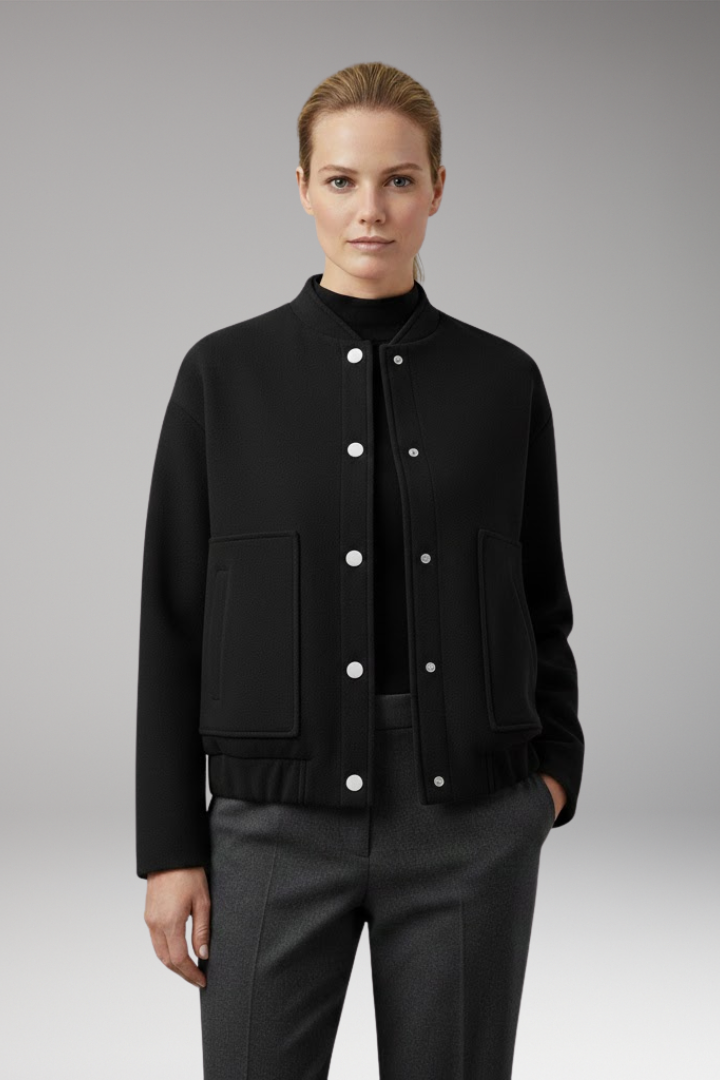 Women's Bomber Jacket with Ribbed Hem and Front Pockets