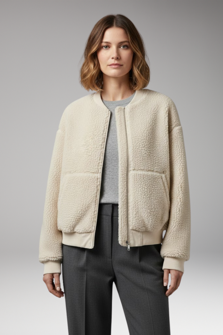 Women's Bomber Jacket with Round Neckline and Front Closure