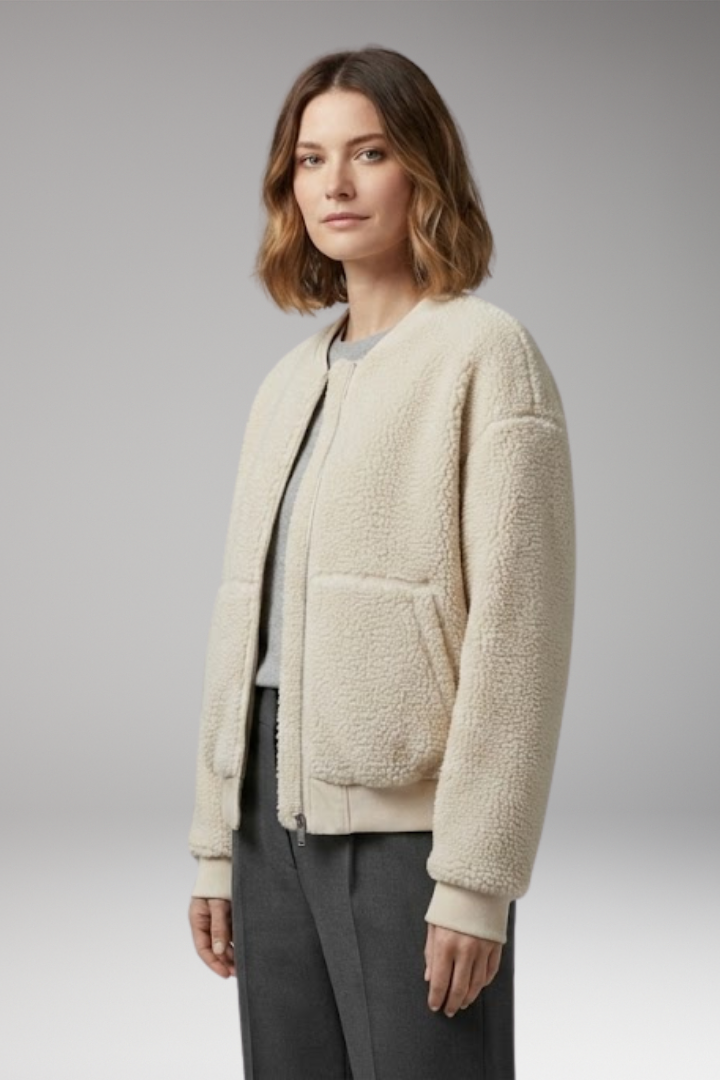 Women's Bomber Jacket with Round Neckline and Front Closure