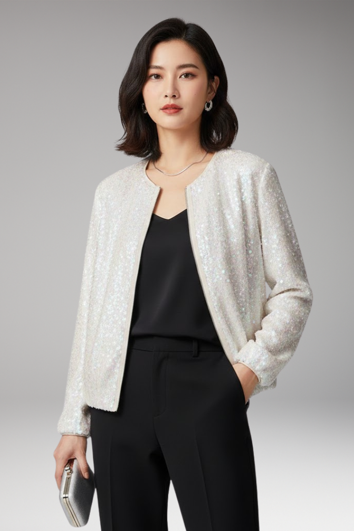 Women's Bomber Jacket with Sequined Surface and Zipper