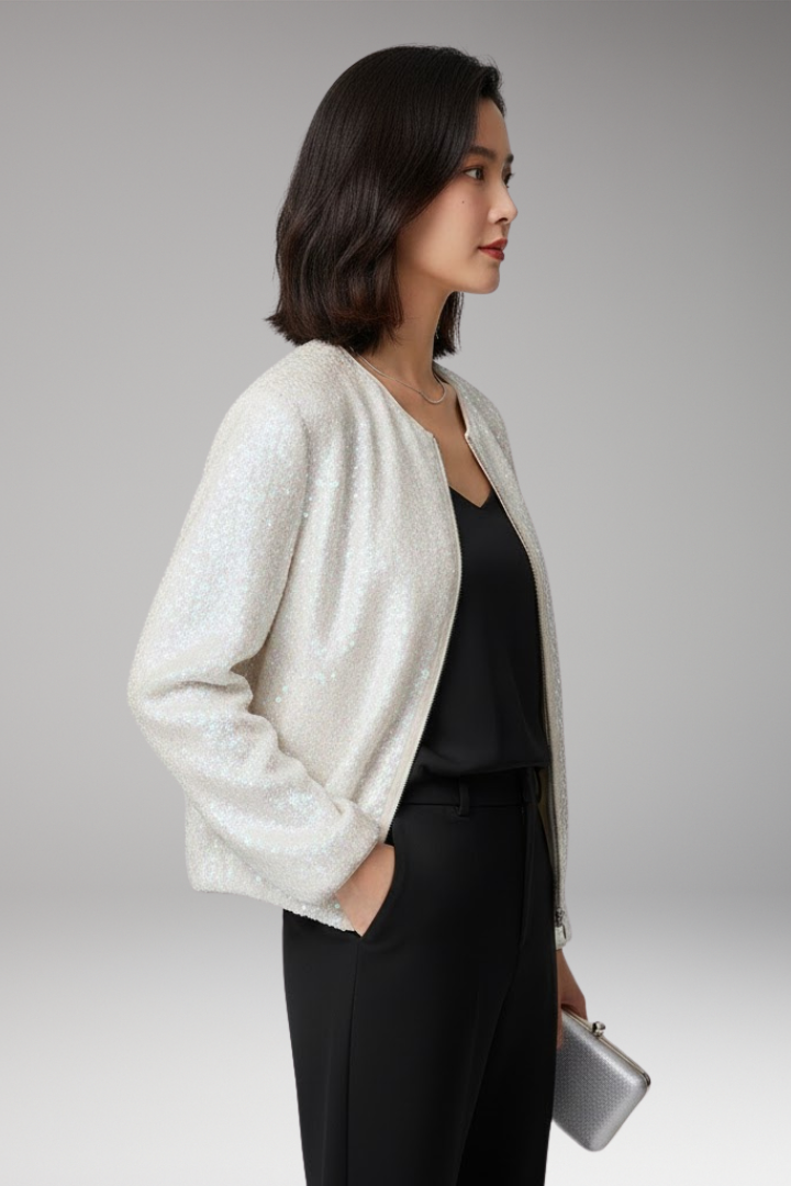 Women's Bomber Jacket with Sequined Surface and Zipper