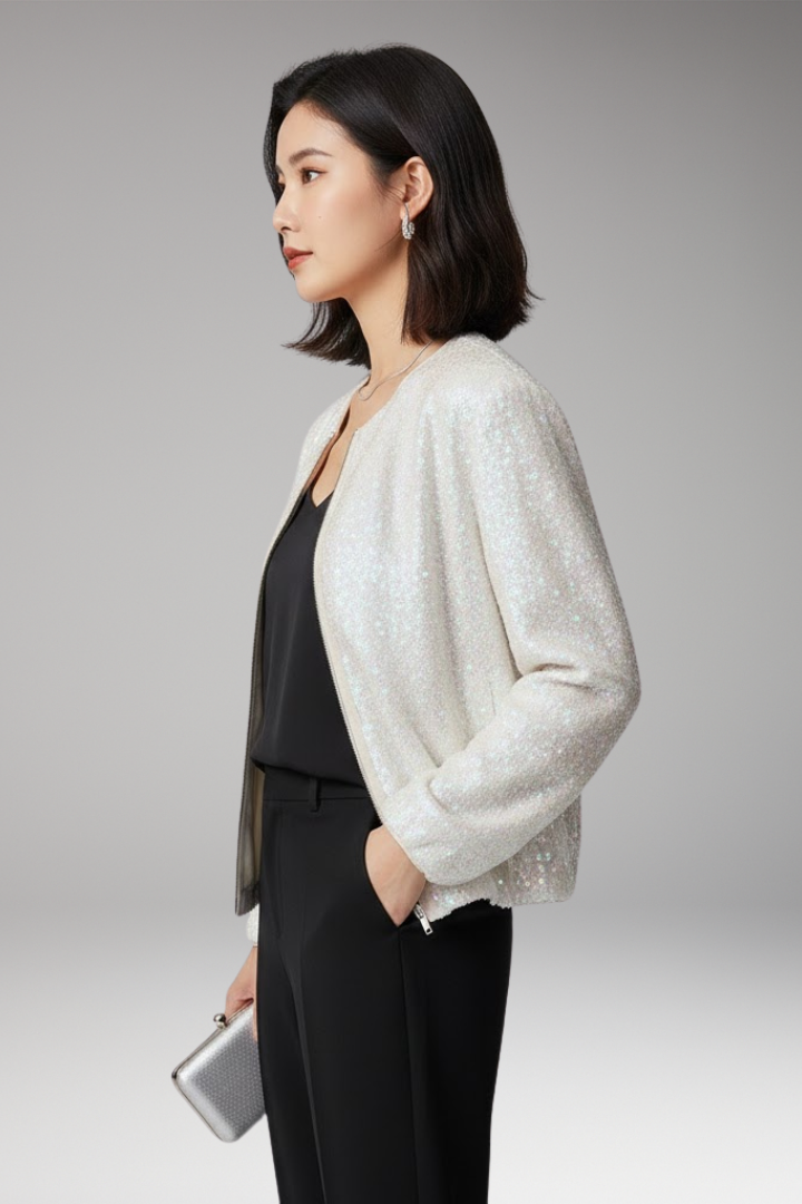 Women's Bomber Jacket with Sequined Surface and Zipper