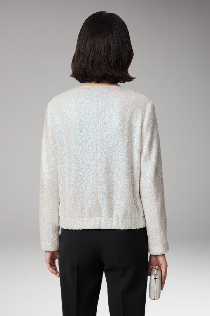 Women's Bomber Jacket with Sequined Surface and Zipper