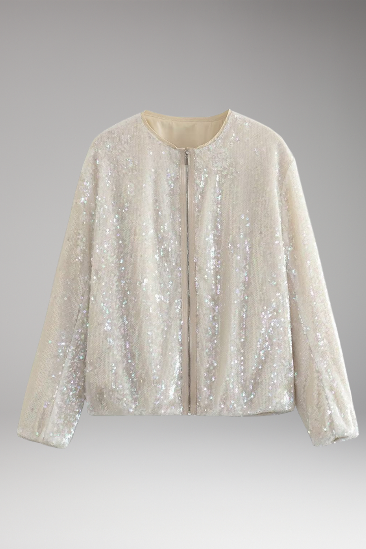 Women's Bomber Jacket with Sequined Surface and Zipper