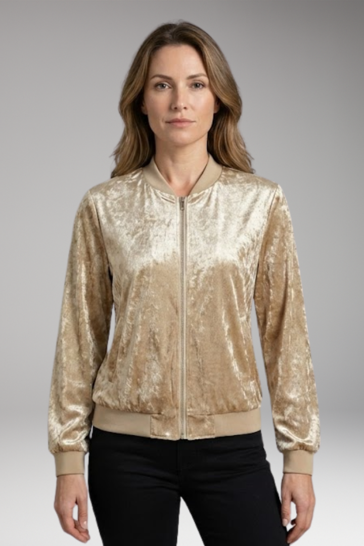 Women's Bomber Jacket with Shiny Fabric and Elastic Cuffs
