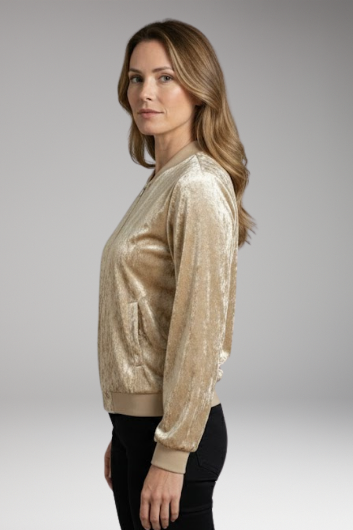 Women's Bomber Jacket with Shiny Fabric and Elastic Cuffs