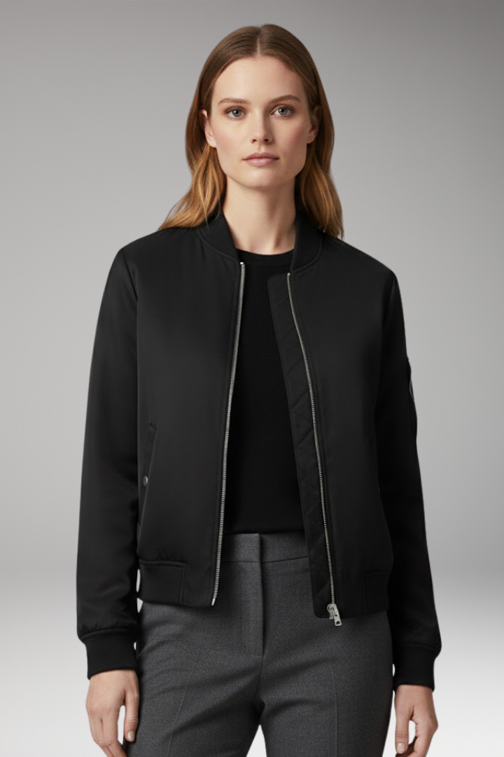 Women's Bomber Jacket with Stand-Up Collar and Practical Pockets