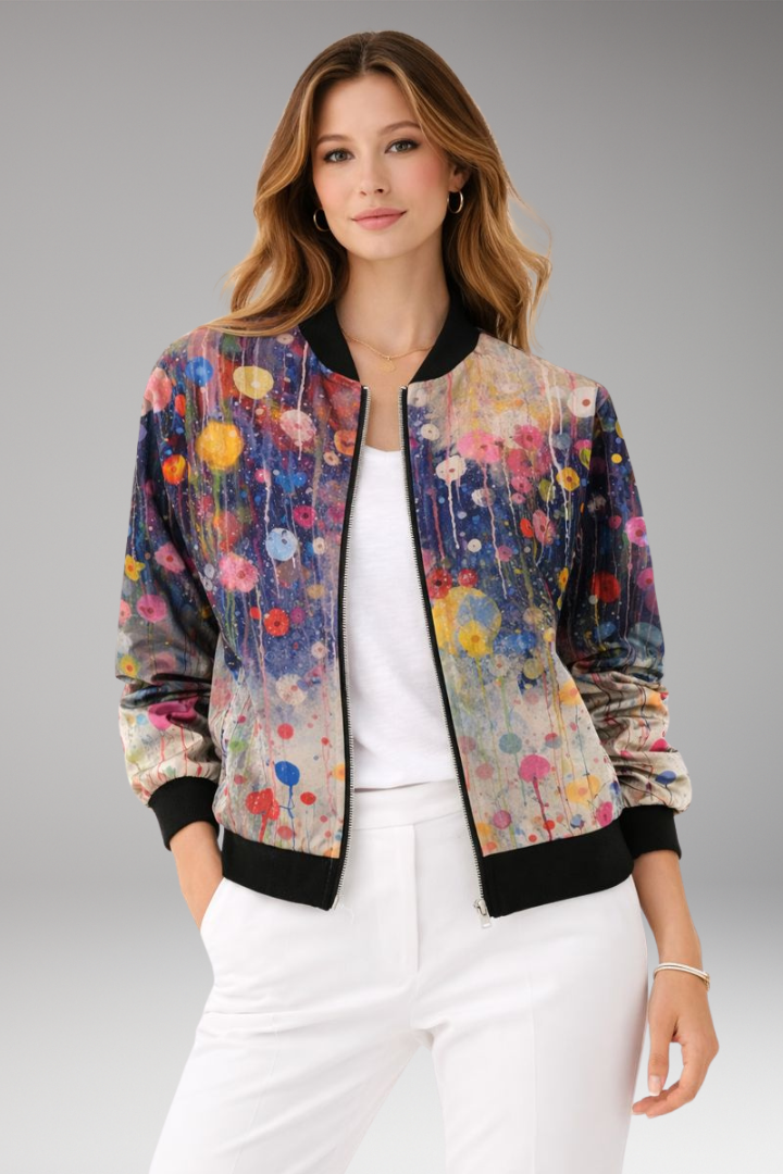 Women's Bomber Jacket with Zipper Closure and Floral Surface